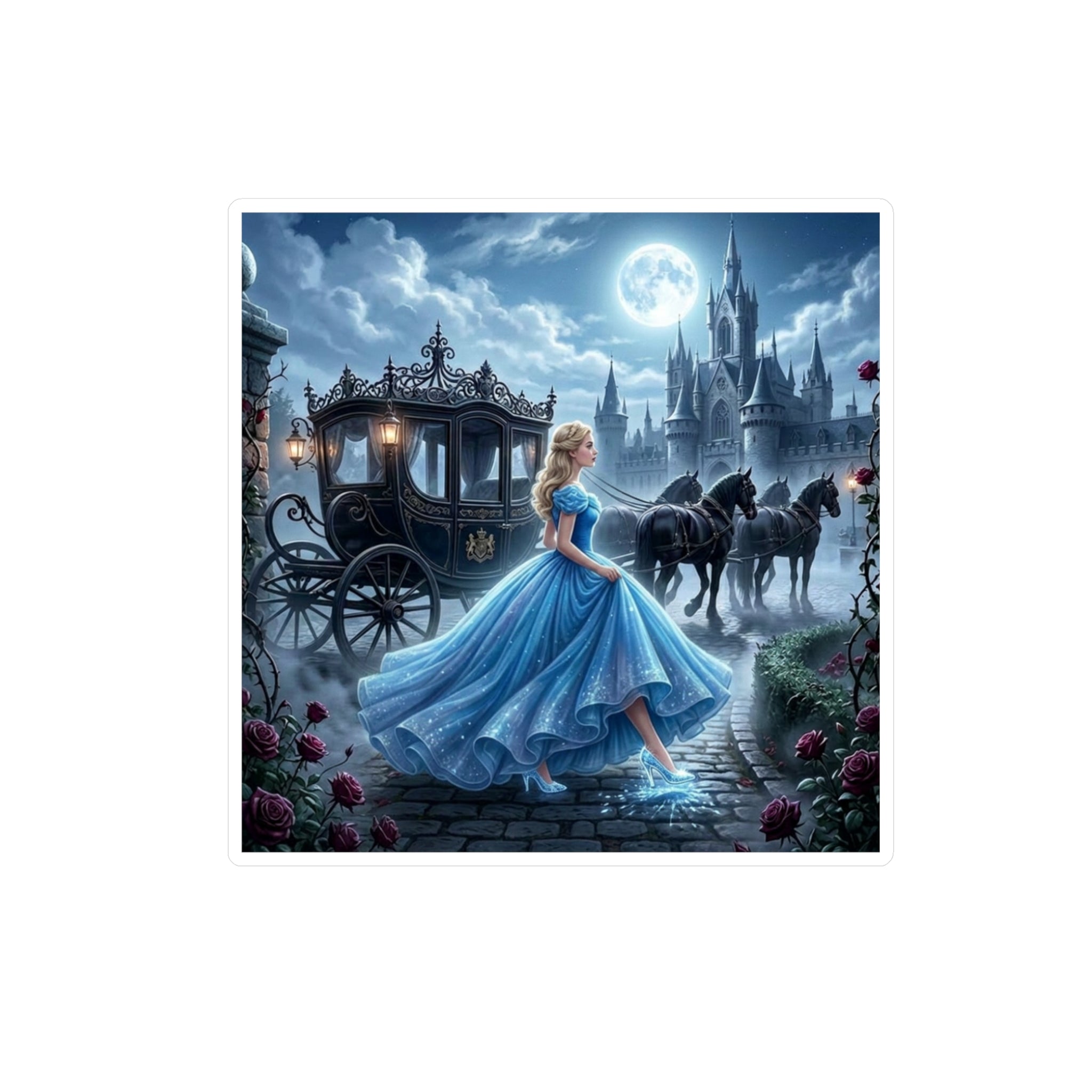 Fairy Tale Cinderella Vinyl Sticker — Moonlit Castle Kiss-Cut Decal
