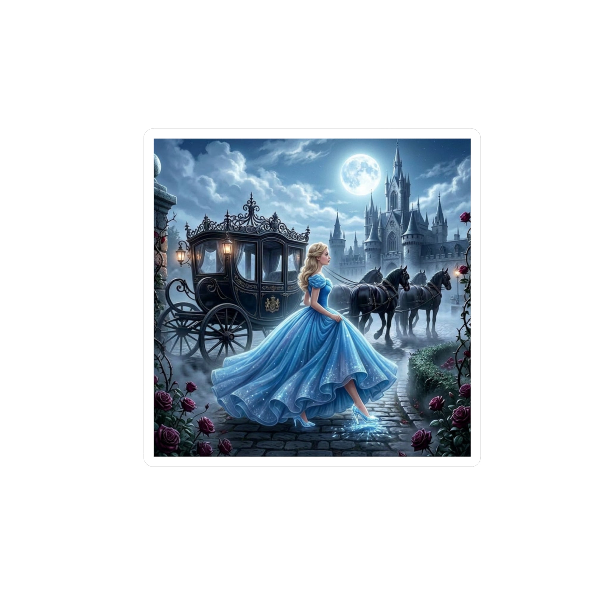 Fairy Tale Cinderella Vinyl Sticker — Moonlit Castle Kiss-Cut Decal